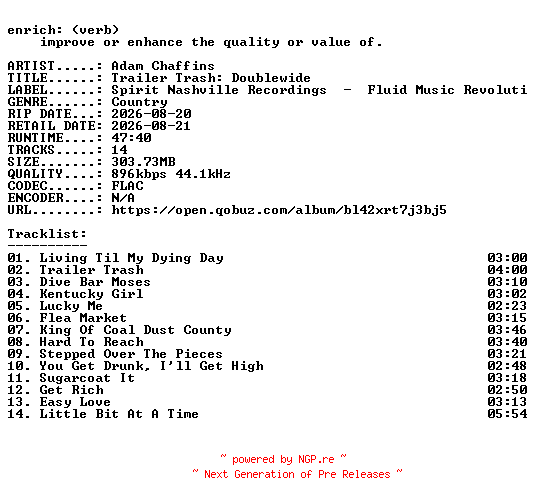 NFO for the release Adam_Chaffins-Trailer_Trash_Doublewide-16BIT-WEB-FLAC-2026-ENRiCH by ENRiCH
