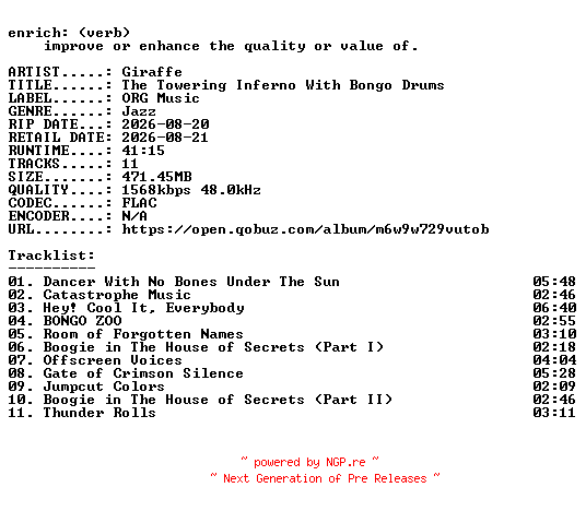 NFO for the release Giraffe-The_Towering_Inferno_With_Bongo_Drums-24BIT-WEB-FLAC-2026-ENRiCH by ENRiCH