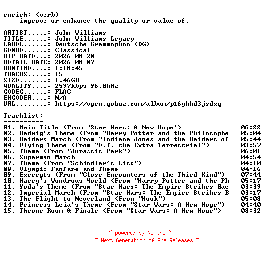 NFO for the release John_Williams-John_Williams_Legacy-24BIT-WEB-FLAC-2026-ENRiCH by ENRiCH