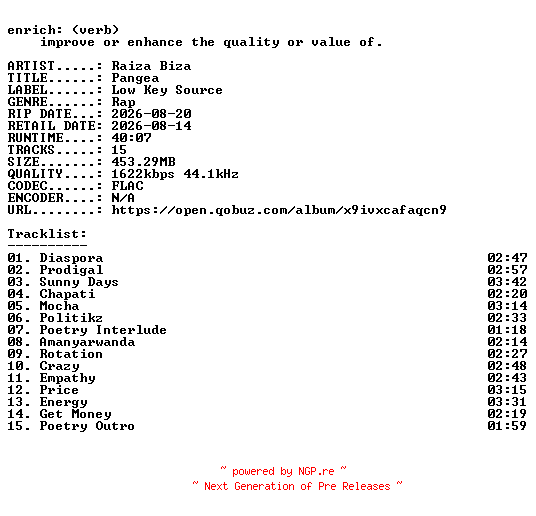 NFO for the release Raiza_Biza-Pangea-24BIT-WEB-FLAC-2026-ENRiCH by ENRiCH