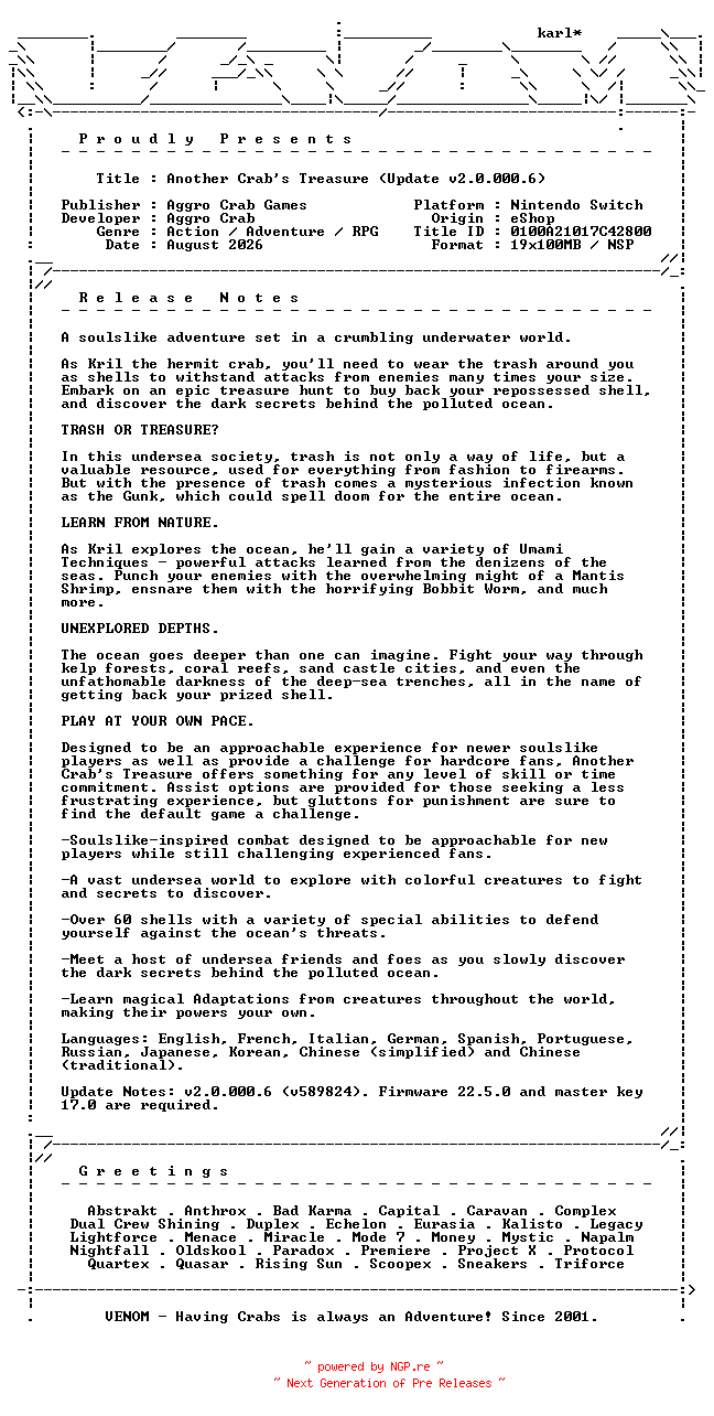 NFO for the release Another_Crabs_Treasure_Update_v2.0.000.6_NSW-VENOM by VENOM