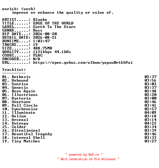 NFO for the release Blanke-EDGE_OF_THE_WORLD-16BIT-WEB-FLAC-2026-ENRiCH by ENRiCH