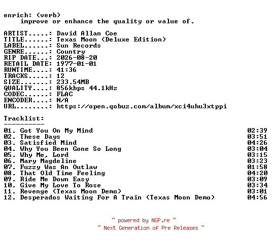 NFO for the release David_Allan_Coe-Texas_Moon_(Deluxe_Edition)-16BIT-WEB-FLAC-2026-ENRiCH by ENRiCH
