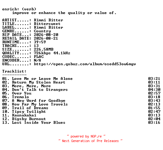 NFO for the release Kimmi_Bitter-Bittersweet-16BIT-WEB-FLAC-2026-ENRiCH by ENRiCH