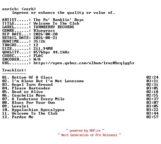 NFO for the release The_Po_Ramblin_Boys-Welcome_To_The_Club-16BIT-WEB-FLAC-2026-ENRiCH by ENRiCH