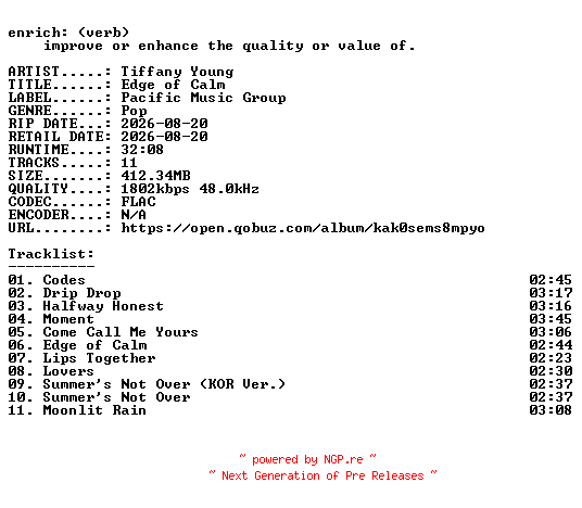 NFO for the release Tiffany_Young-Edge_of_Calm-24BIT-WEB-FLAC-2026-ENRiCH by ENRiCH