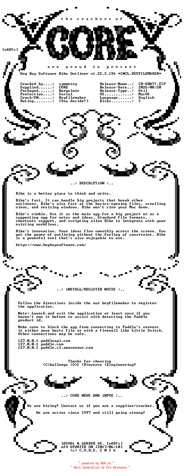 NFO for the release Hog.Bay.Software.Bike.Outliner.v1.22.2.196.MacOS.UB.Incl.Keyfilemaker-CORE by CORE