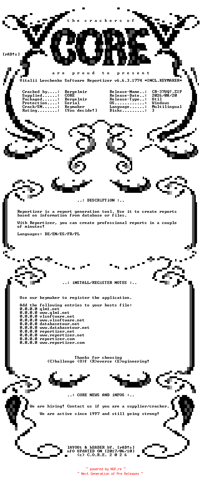 NFO for the release Vitalii.Levchenko.Software.Reportizer.v6.6.3.1774.x64.Multilingual.Incl.Keymaker-CORE by CORE