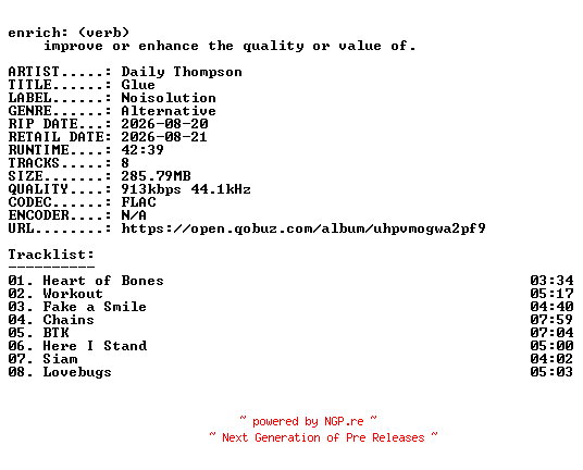 NFO for the release Daily_Thompson-Glue-16BIT-WEB-FLAC-2026-ENRiCH by ENRiCH