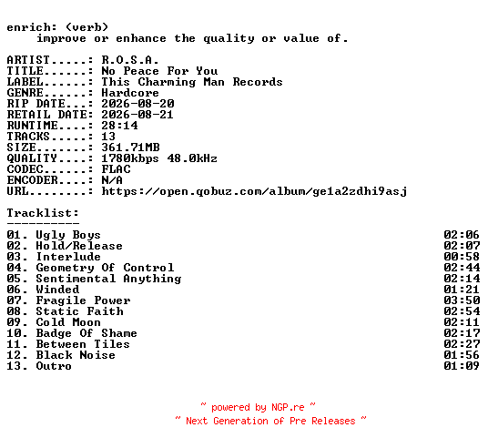 NFO for the release R.O.S.A.-No_Peace_For_You-24BIT-WEB-FLAC-2026-ENRiCH by ENRiCH