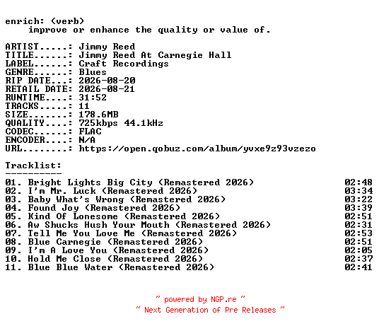NFO for the release Jimmy_Reed-Jimmy_Reed_At_Carnegie_Hall-REMASTERED-16BIT-WEB-FLAC-2026-ENRiCH by ENRiCH