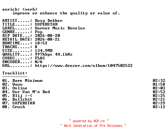 NFO for the release Roxy_Dekker-SUPERSTAR-NL-16BIT-WEB-FLAC-2026-ENRiCH by ENRiCH