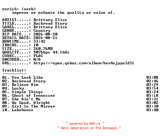 NFO for the release Brittany_Elise-Backroad_Story-24BIT-WEB-FLAC-2026-ENRiCH by ENRiCH