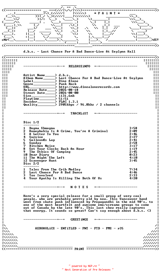 NFO for the release d.b.s.-Last_Chance_For_A_Bad_Dance-Live_At_Seylynn_Hall-2VINYL-FLAC-2026-FAiNT by FAiNT