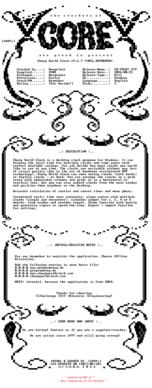 NFO for the release Sharp.World.Clock.v9.6.7.Incl.Keymaker.INTERNAL-CORE by CORE
