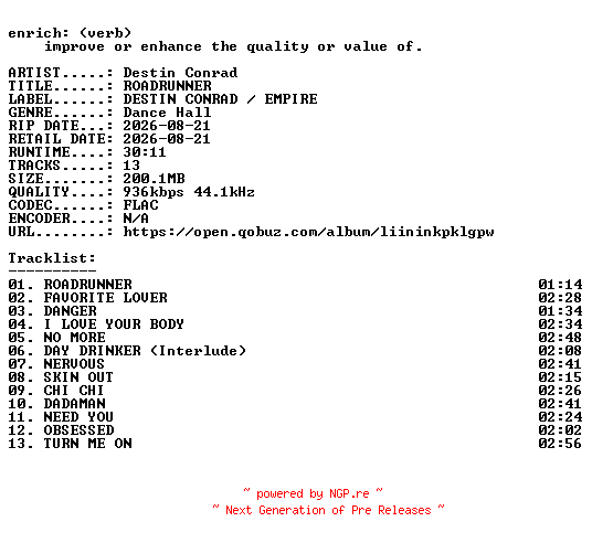 NFO for the release Destin_Conrad-ROADRUNNER-16BIT-WEB-FLAC-2026-ENRiCH by ENRiCH
