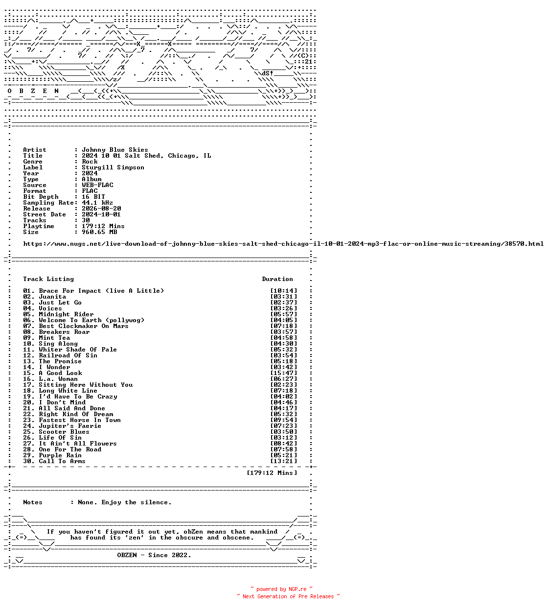 NFO for the release Johnny_Blue_Skies-2024_10_01_Salt_Shed_Chicago_IL-16BIT-WEB-FLAC-2024-OBZEN by OBZEN
