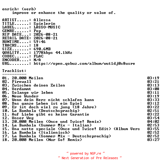 NFO for the release Allessa-Spielerin-DE-24BIT-WEB-FLAC-2026-ENRiCH by ENRiCH