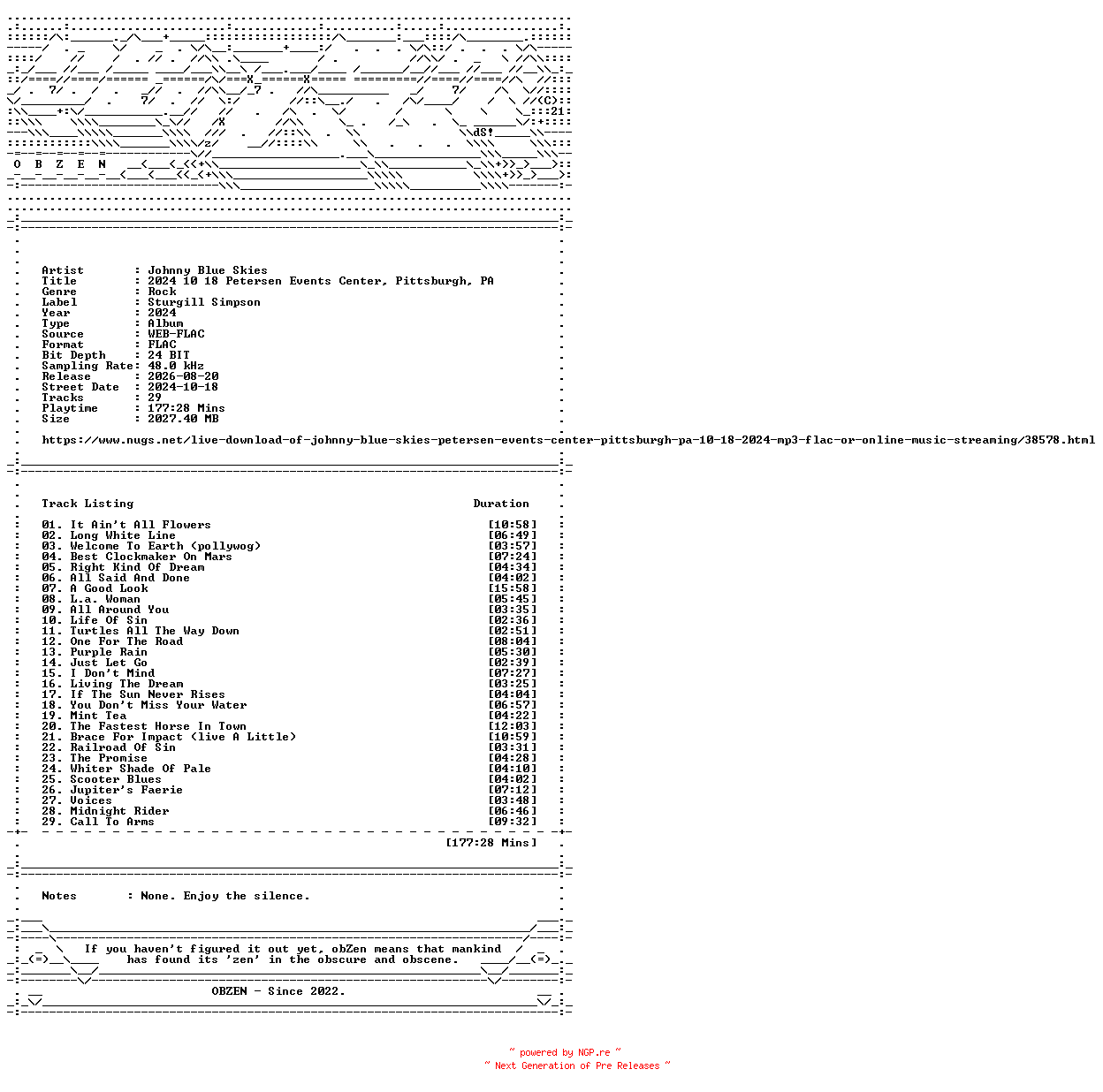 NFO for the release Johnny_Blue_Skies-2024_10_18_Petersen_Events_Center_Pittsburgh_PA-24BIT-48KHZ-WEB-FLAC-2024-OBZEN by OBZEN