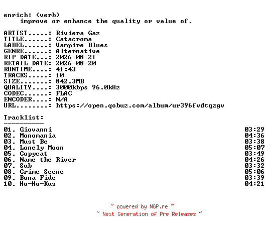NFO for the release Riviera_Gaz-Catacroma-24BIT-WEB-FLAC-2026-ENRiCH by ENRiCH