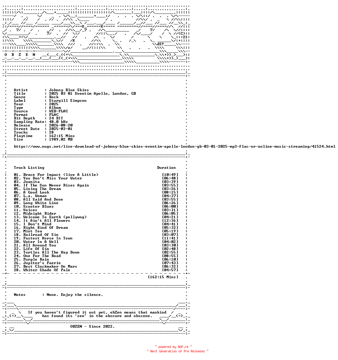 NFO for the release Johnny_Blue_Skies-2025_03_01_Eventim_Apollo_London_GB-24BIT-48KHZ-WEB-FLAC-2025-OBZEN by OBZEN