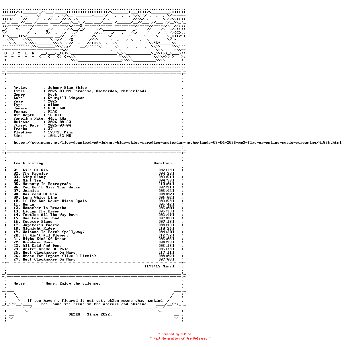 NFO for the release Johnny_Blue_Skies-2025_03_04_Paradiso_Amsterdam_Netherlands-16BIT-WEB-FLAC-2025-OBZEN by OBZEN