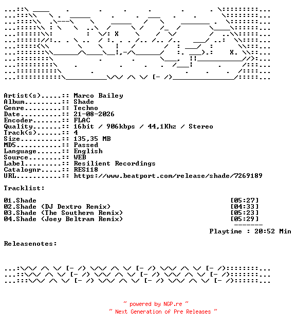 NFO for the release Marco_Bailey-Shade-RES118-16BIT-WEB-FLAC-2026-WAVED by WAVED