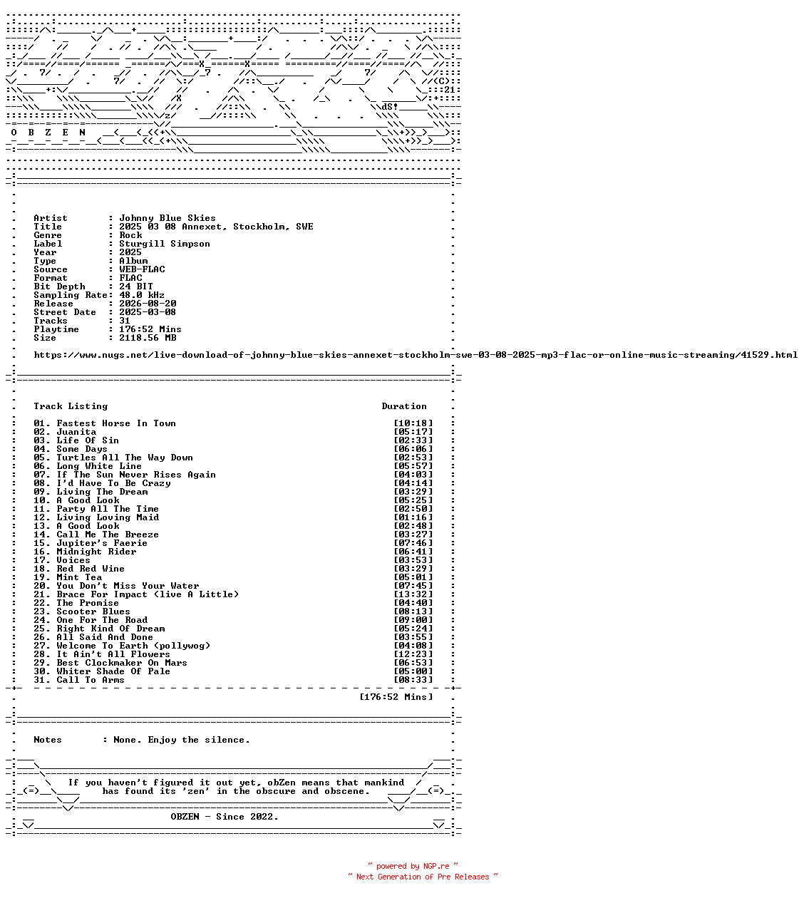 NFO for the release Johnny_Blue_Skies-2025_03_08_Annexet_Stockholm_SWE-24BIT-48KHZ-WEB-FLAC-2025-OBZEN by OBZEN
