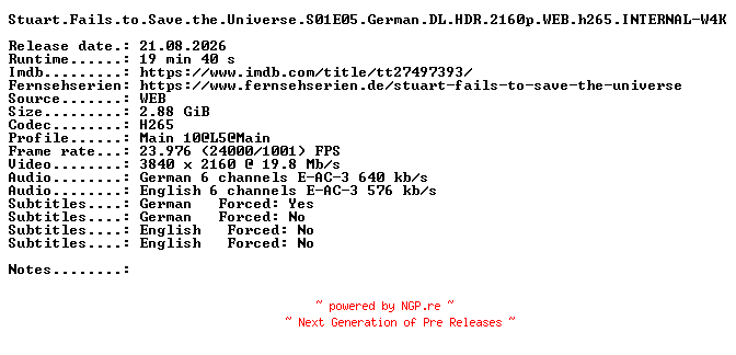NFO for the release Stuart.Fails.to.Save.the.Universe.S01E05.German.DL.HDR.2160p.WEB.h265.INTERNAL-W4K by W4K