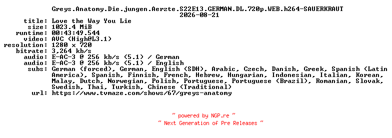 NFO for the release Greys.Anatomy.Die.jungen.Aerzte.S22E13.GERMAN.DL.720p.WEB.h264-SAUERKRAUT by SAUERKRAUT