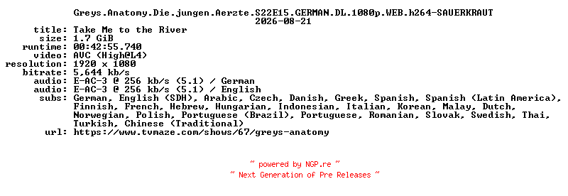 NFO for the release Greys.Anatomy.Die.jungen.Aerzte.S22E15.GERMAN.DL.1080p.WEB.h264-SAUERKRAUT by SAUERKRAUT