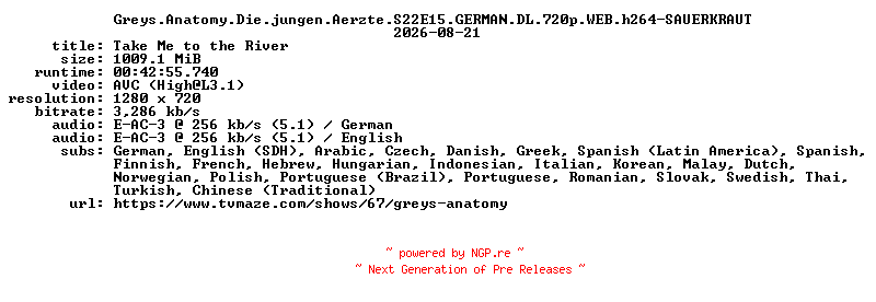 NFO for the release Greys.Anatomy.Die.jungen.Aerzte.S22E15.GERMAN.DL.720p.WEB.h264-SAUERKRAUT by SAUERKRAUT