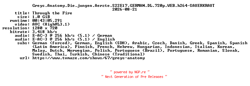 NFO for the release Greys.Anatomy.Die.jungen.Aerzte.S22E17.GERMAN.DL.720p.WEB.h264-SAUERKRAUT by SAUERKRAUT