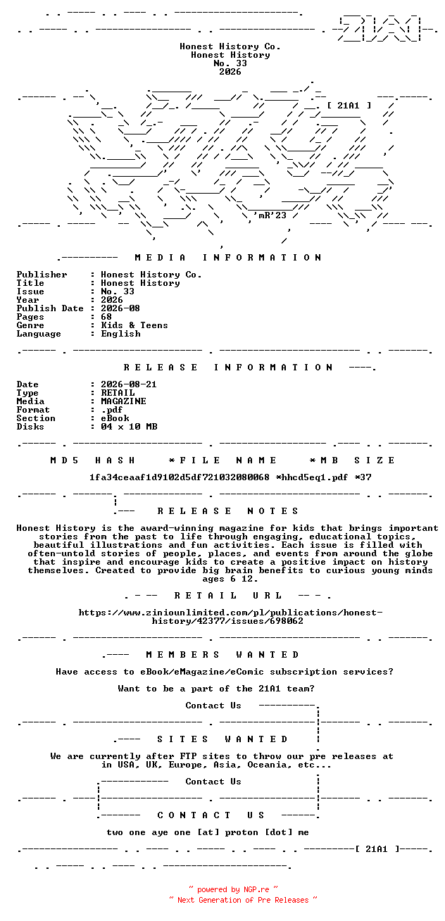 NFO for the release Honest.History.No.33.2026.RETAIL.MAGAZINE.eBook-21A1 by 21A1