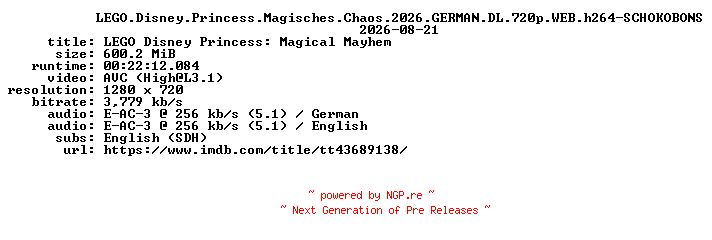 NFO for the release LEGO.Disney.Princess.Magisches.Chaos.2026.GERMAN.DL.720p.WEB.h264-SCHOKOBONS by SCHOKOBONS