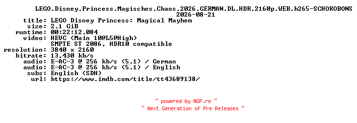 NFO for the release LEGO.Disney.Princess.Magisches.Chaos.2026.GERMAN.DL.HDR.2160p.WEB.h265-SCHOKOBONS by SCHOKOBONS
