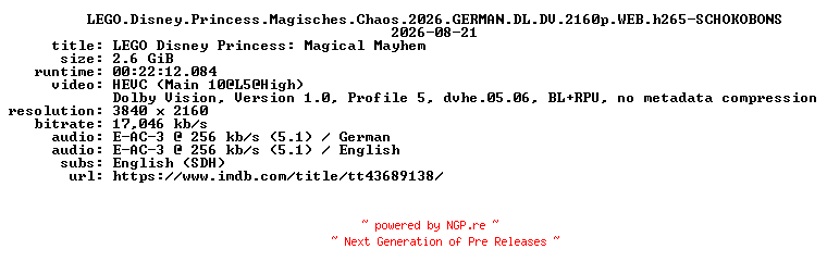 NFO for the release LEGO.Disney.Princess.Magisches.Chaos.2026.GERMAN.DL.DV.2160p.WEB.h265-SCHOKOBONS by SCHOKOBONS