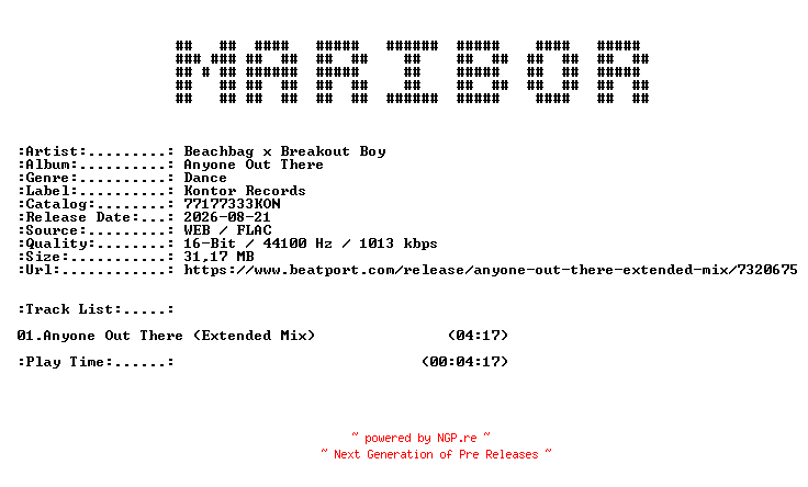 NFO for the release Beachbag_x_Breakout_Boy-Anyone_Out_There_(Extended_Mix)-(77177333KON)-SINGLE-16BIT-WEB-FLAC-2026-MARiBOR by MARiBOR