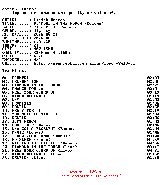 NFO for the release Isaiah_Keaton-DIAMOND_IN_THE_ROUGH_(Deluxe)-16BIT-WEB-FLAC-2026-ENRiCH by ENRiCH