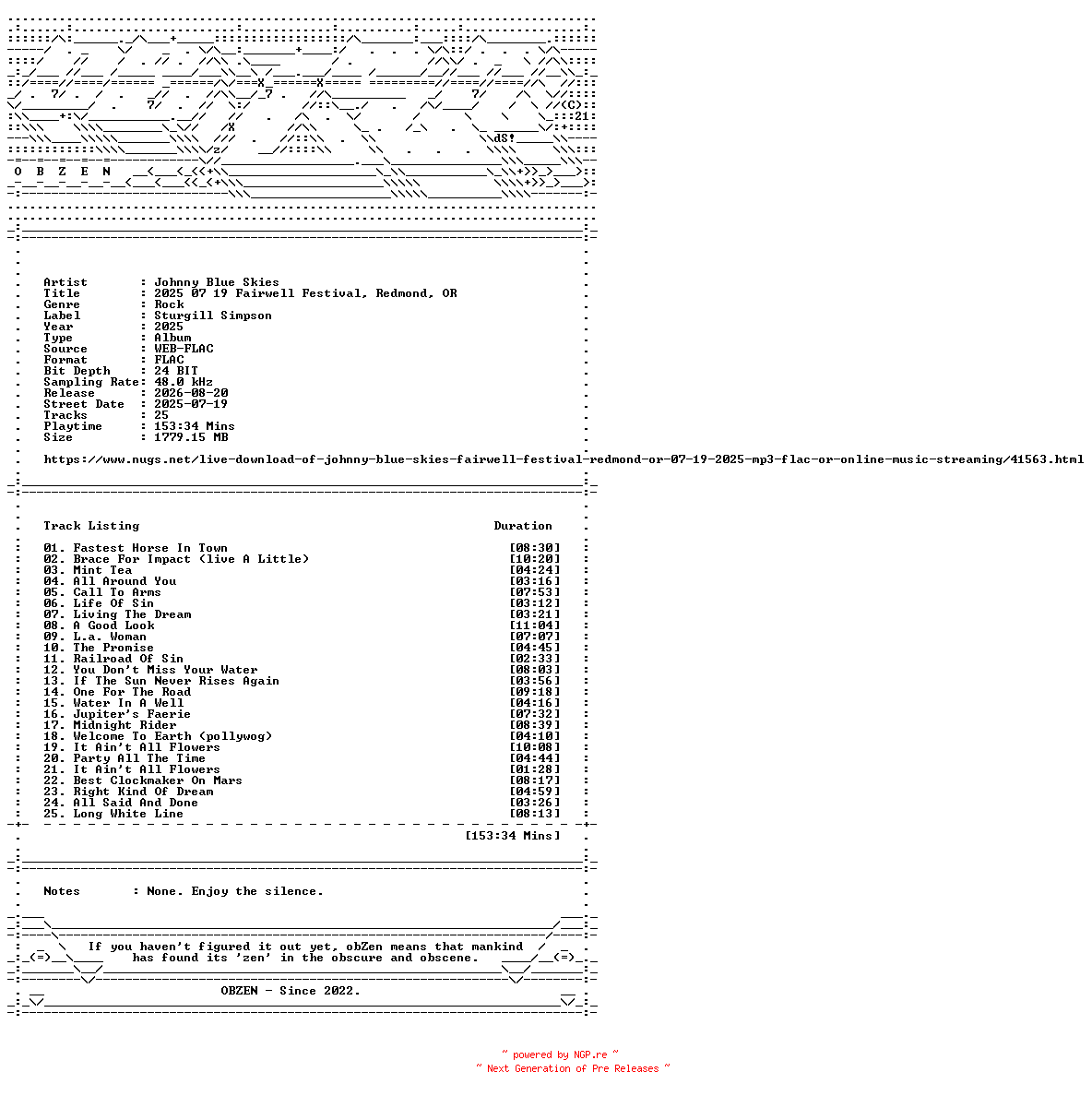 NFO for the release Johnny_Blue_Skies-2025_07_19_Fairwell_Festival_Redmond_OR-24BIT-48KHZ-WEB-FLAC-2025-OBZEN by OBZEN