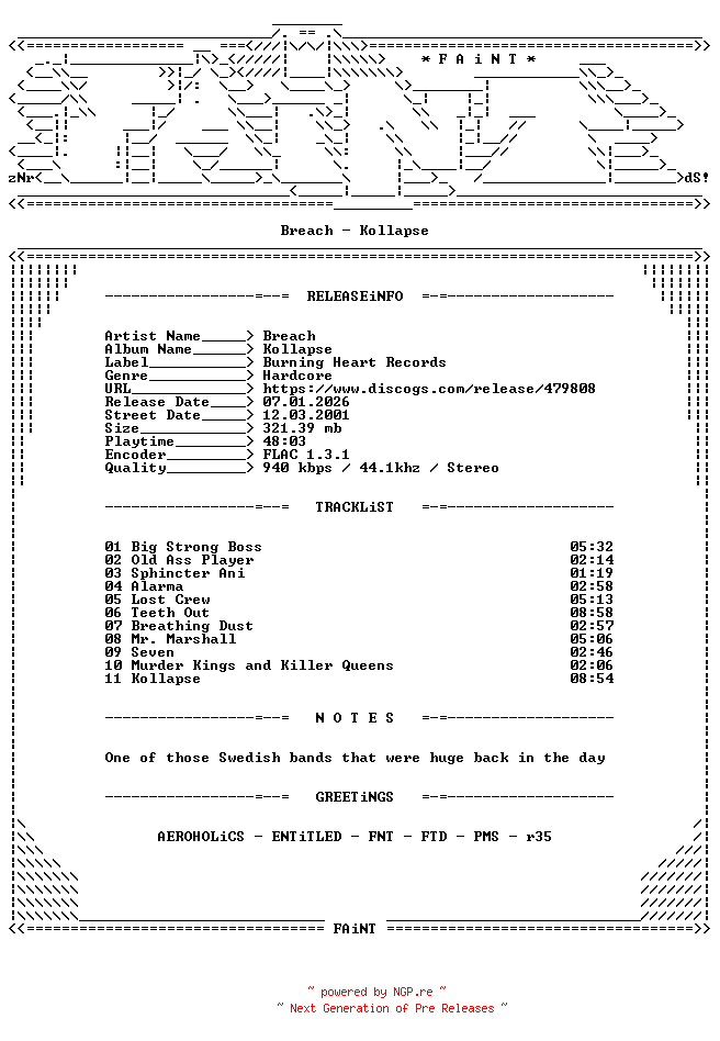 NFO for the release Breach-Kollapse-CD-FLAC-2001-FAiNT by FAiNT