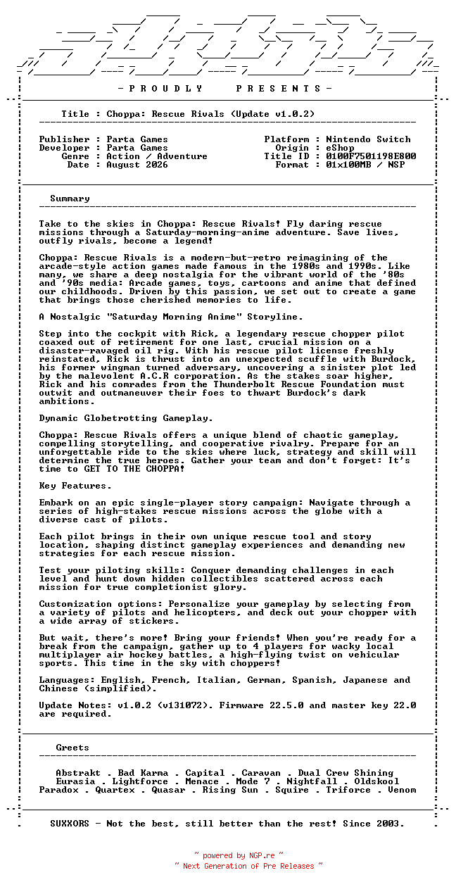 NFO for the release Choppa_Rescue_Rivals_Update_v1.0.2_NSW-SUXXORS by SUXXORS