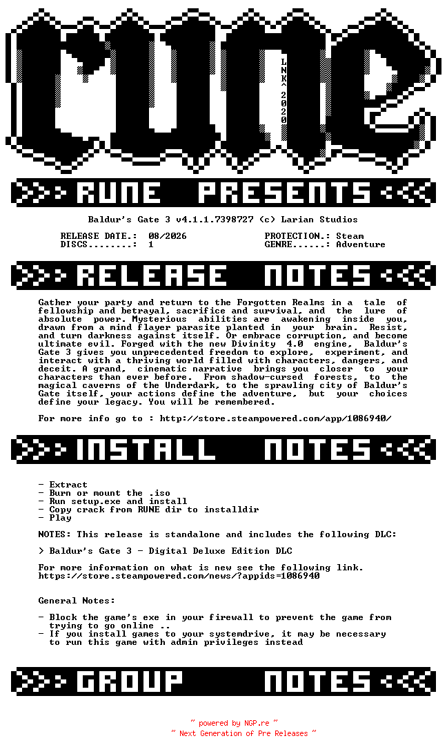 NFO for the release Baldurs.Gate.3.v4.1.1.7398727-RUNE by RUNE