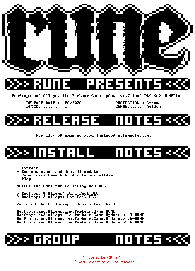 NFO for the release Rooftops.and.Alleys.The.Parkour.Game.Update.v1.7.incl.DLC-RUNE by RUNE