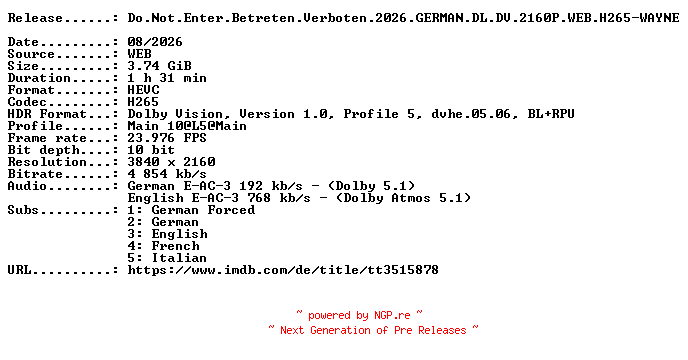 NFO for the release Do.Not.Enter.Betreten.Verboten.2026.GERMAN.DL.DV.2160P.WEB.H265-WAYNE by WAYNE