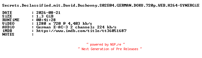 NFO for the release Secrets.Declassified.mit.David.Duchovny.S02E04.GERMAN.DOKU.720p.WEB.H264-SYNERGiE by SYNERGiE