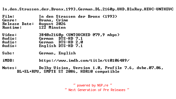 NFO for the release In.den.Strassen.der.Bronx.1993.German.DL.2160p.UHD.BluRay.HEVC-UNTHEVC by UNTHEVC