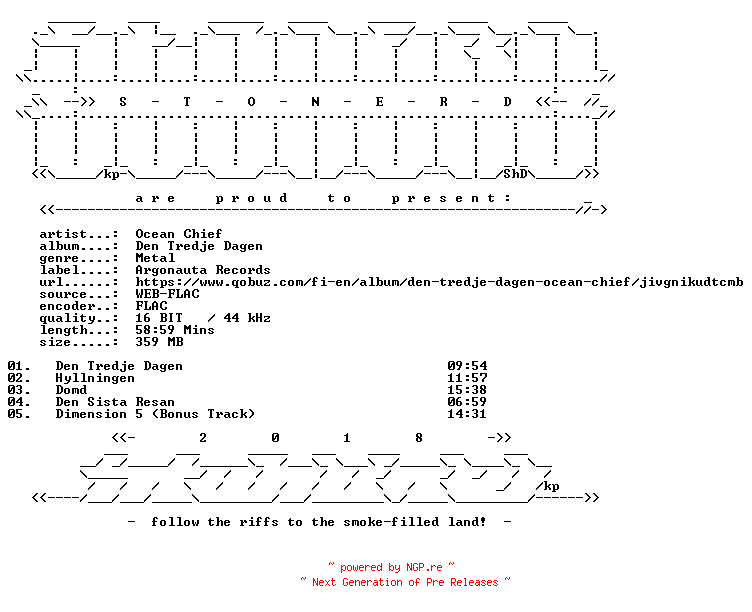 NFO for the release Ocean_Chief-Den_Tredje_Dagen-SE-16BIT-WEB-FLAC-2020-STONERD by STONERD