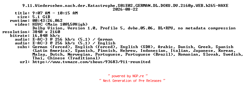 NFO for the release 9.11.Wiedersehen.nach.der.Katastrophe.S01E02.GERMAN.DL.DOKU.DV.2160p.WEB.h265-HAXE by HAXE
