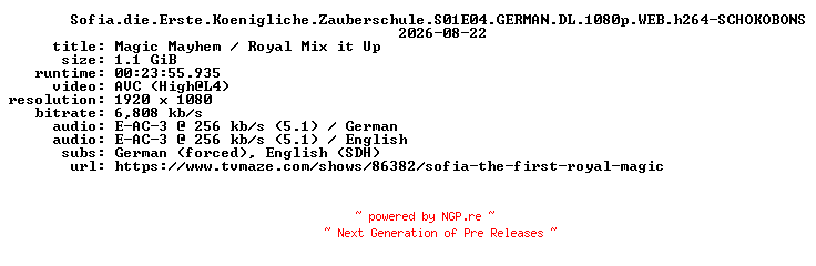 NFO for the release Sofia.die.Erste.Koenigliche.Zauberschule.S01E04.GERMAN.DL.1080p.WEB.h264-SCHOKOBONS by SCHOKOBONS